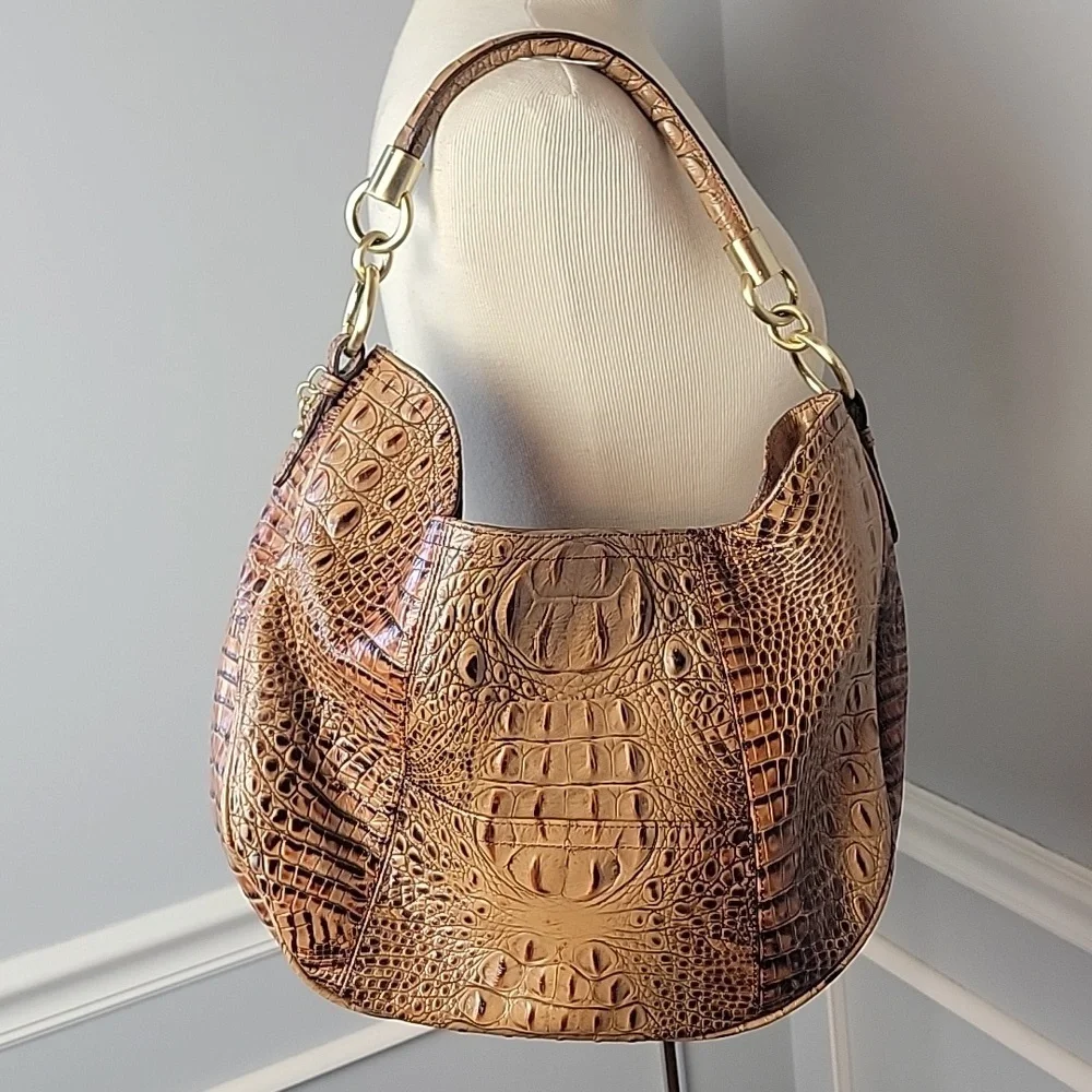 BRAHMIN Carmela Melbourne‎ Brown Tan Croc Embossed Designer Hobo Shoulder Bag